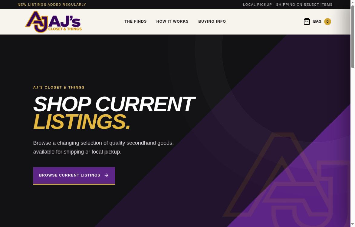 AJ’s Closet & Things website homepage